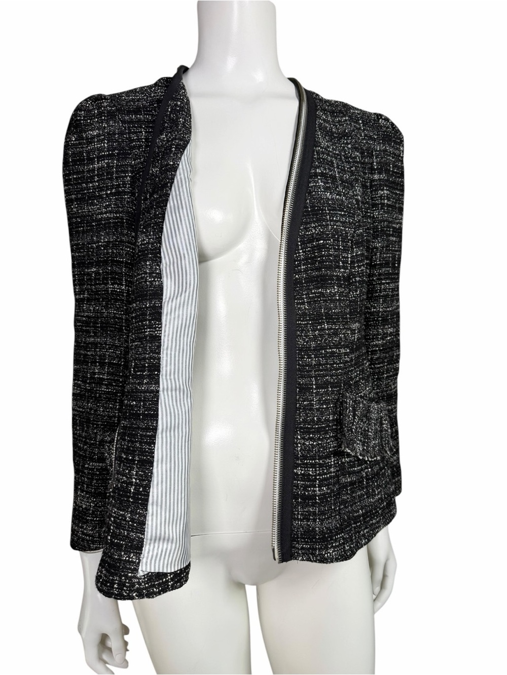 Nanette Lepore Black Tweed Jacket Linen Fringe Zip Made in USA Size 8 Preppy - Picture 3 of 10
